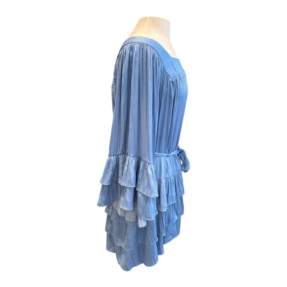 Free People Blue Ruffled Mini Dress With Tie Waist & Bell Sleeves - Size L - Picture 4 of 8